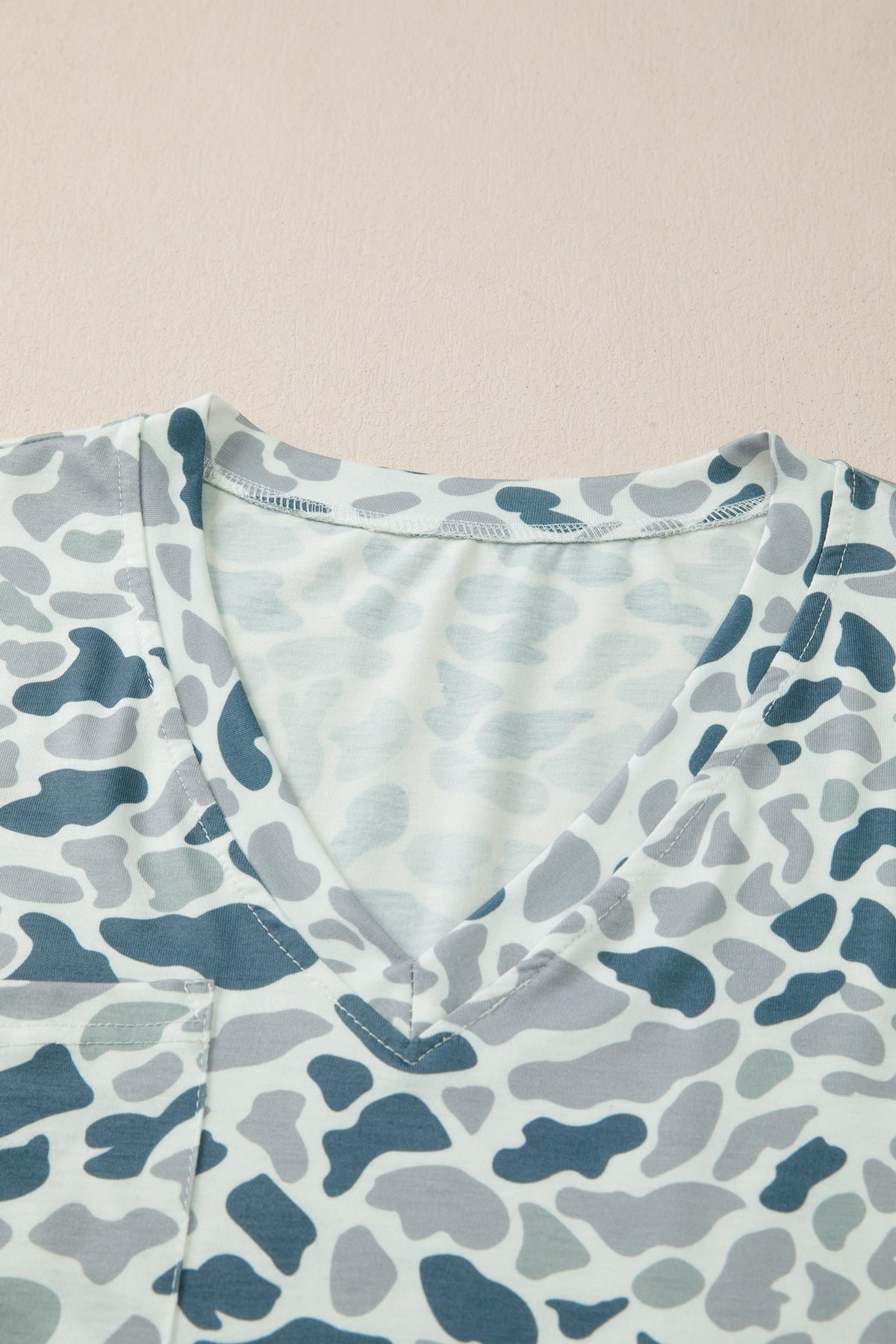 Gray Camouflage Print Single Chest Pocket V Neck Tee