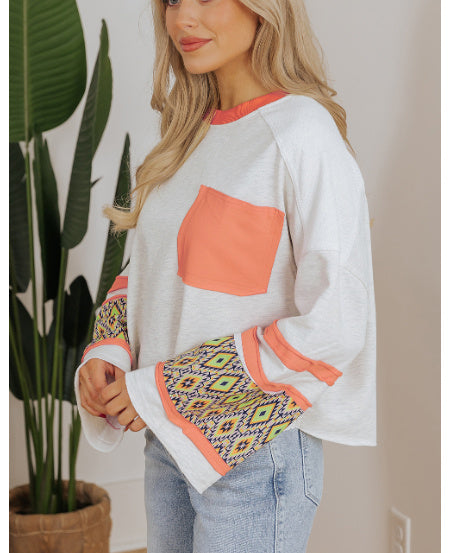 Apricot Western Aztec Patch Mineral Wash Loose Fit Top