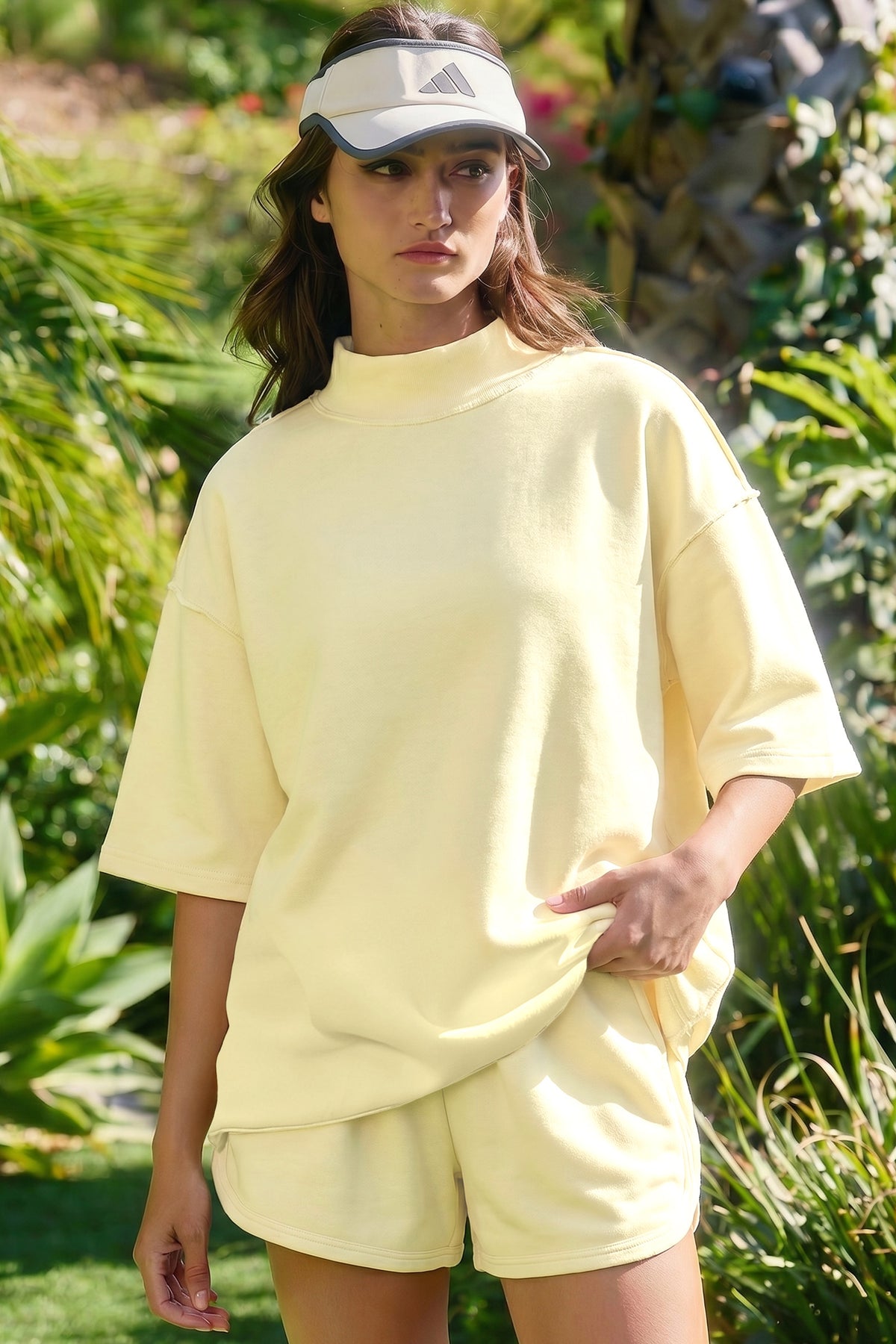 Yellow Cream Solid Color Exposed Seam Mock Neck Oversize Tee Casual Shorts 2pcs Outfit