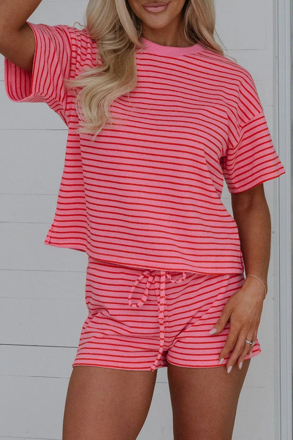 Rose Stripe Side Split Knit Tee Drawstring Shorts Set