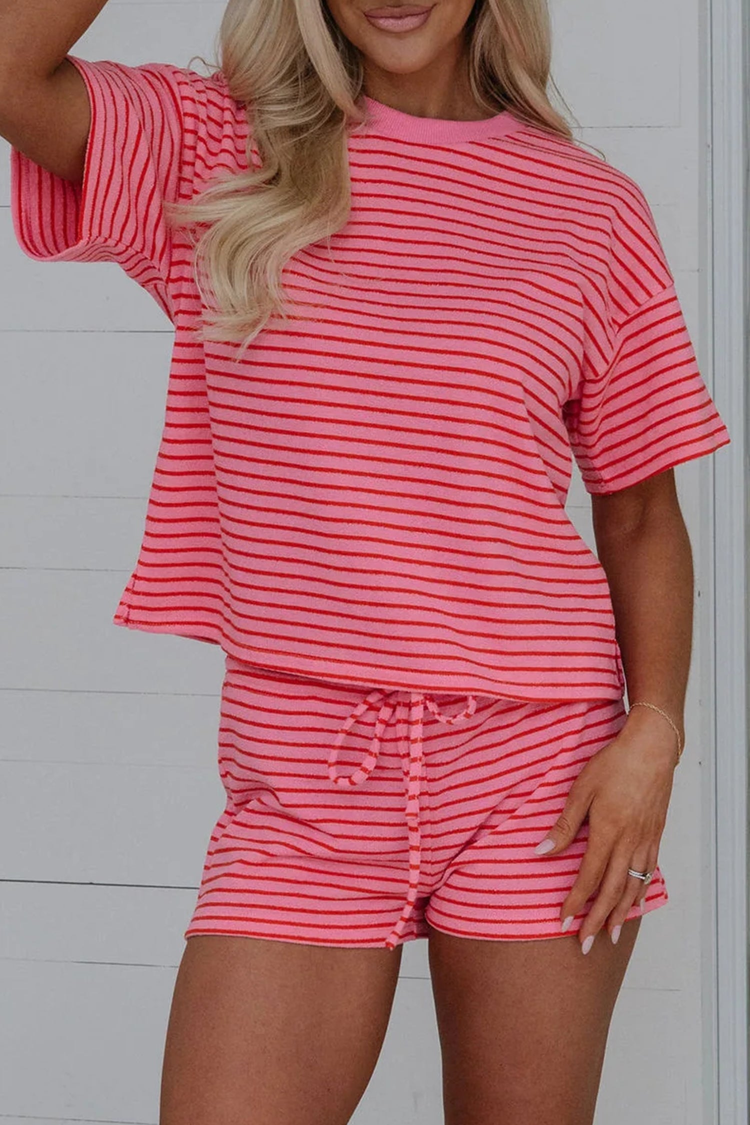 Rose Stripe Side Split Knit Tee Drawstring Shorts Set