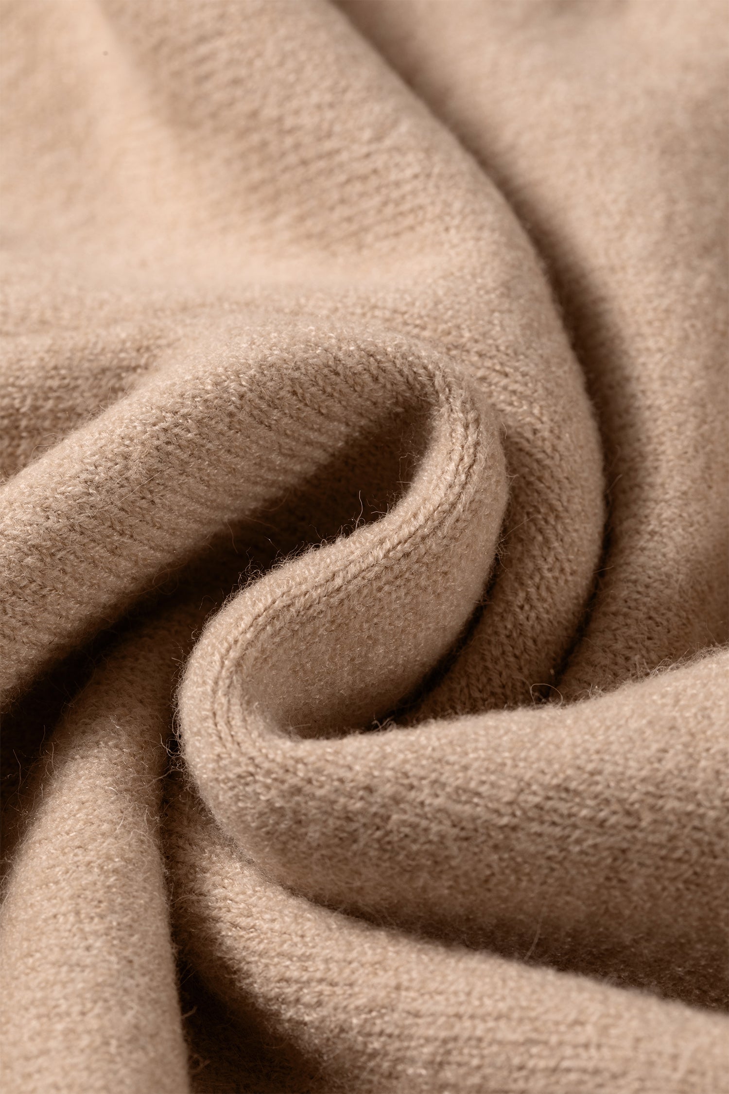 Beige Ribbed Trim High Neck Short Sleeve Casual Sweater