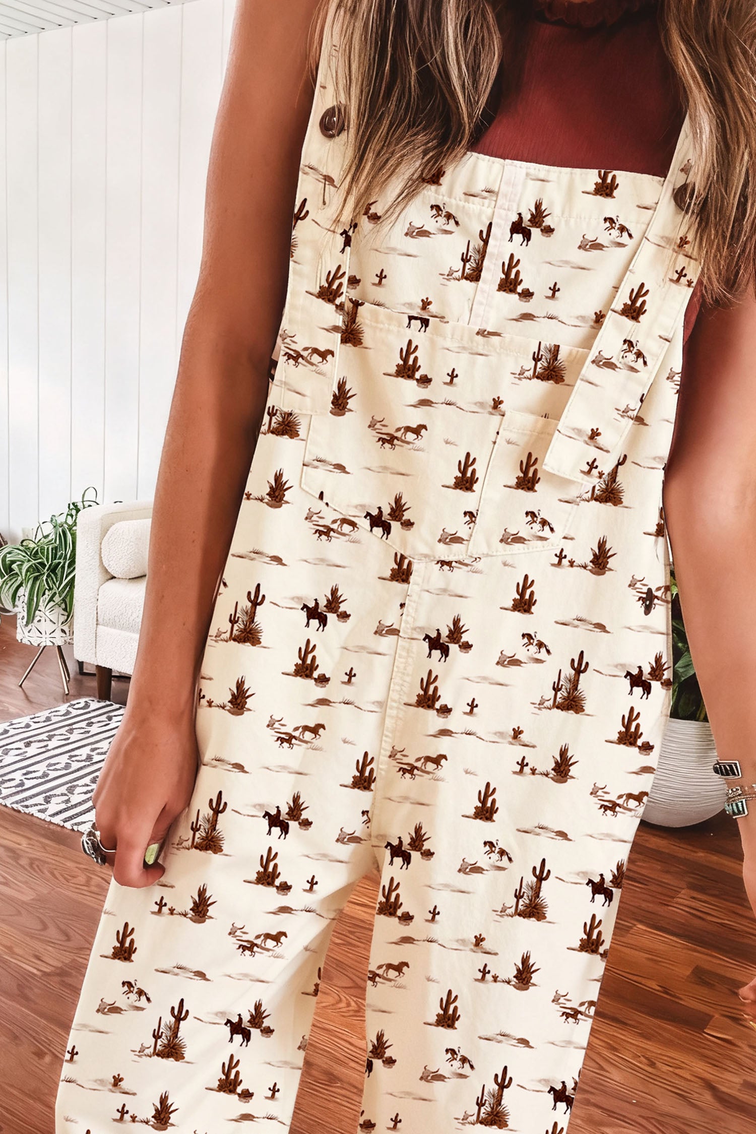 Beige Western Printed Button Adjustable Straps Loose Jumpsuit Dungarees