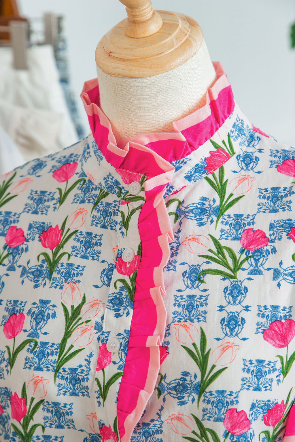 Rose Floral Print Color Block Striped Trim Flutter Sleeve Half Button Blouse