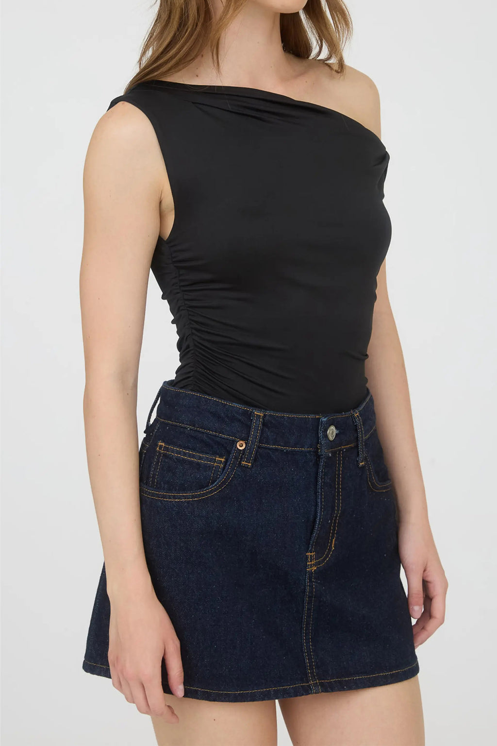 Black Solid Color Asymmetric Neck Slim Tank Top