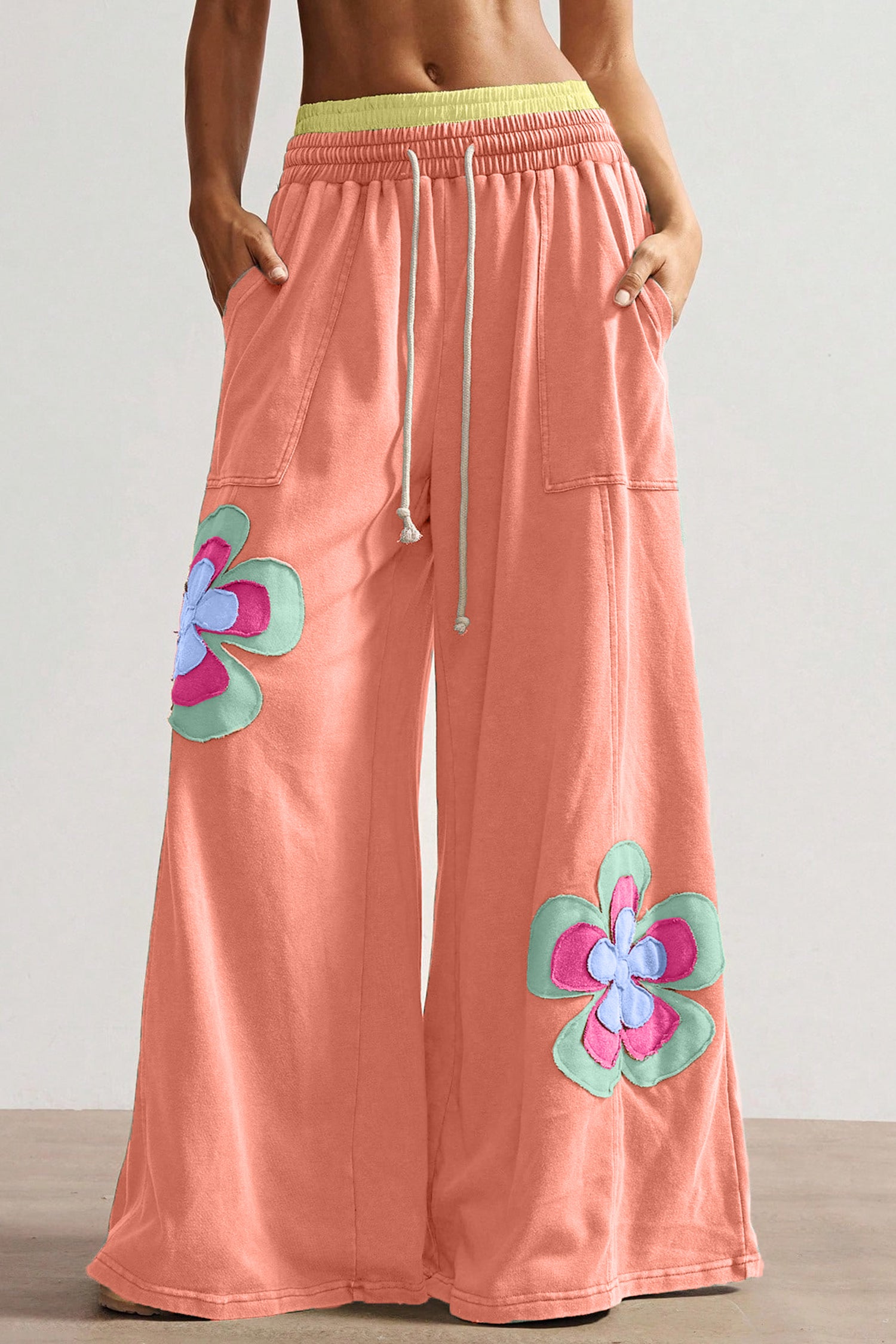 Sky Blue Color Block Flower Patchwork Drawstring Contrasted Elastic Waist Wide Leg Pants