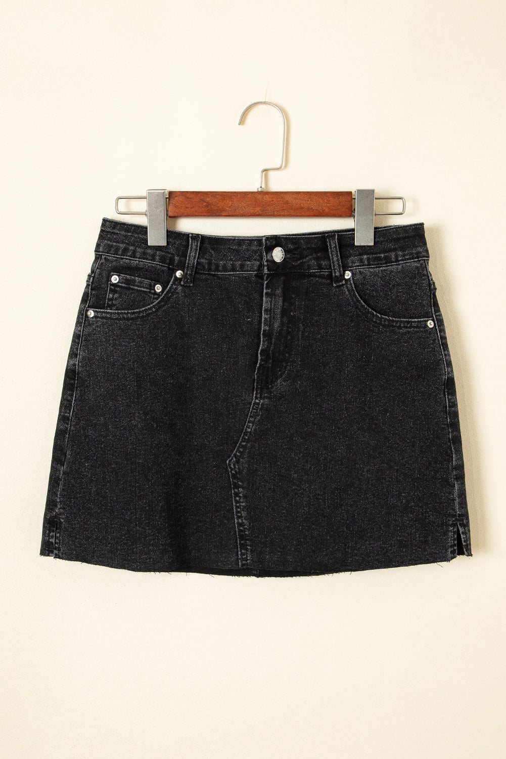 Carbon Grey Mineral Wash Ripped Raw Hem Denim Mini Skirt