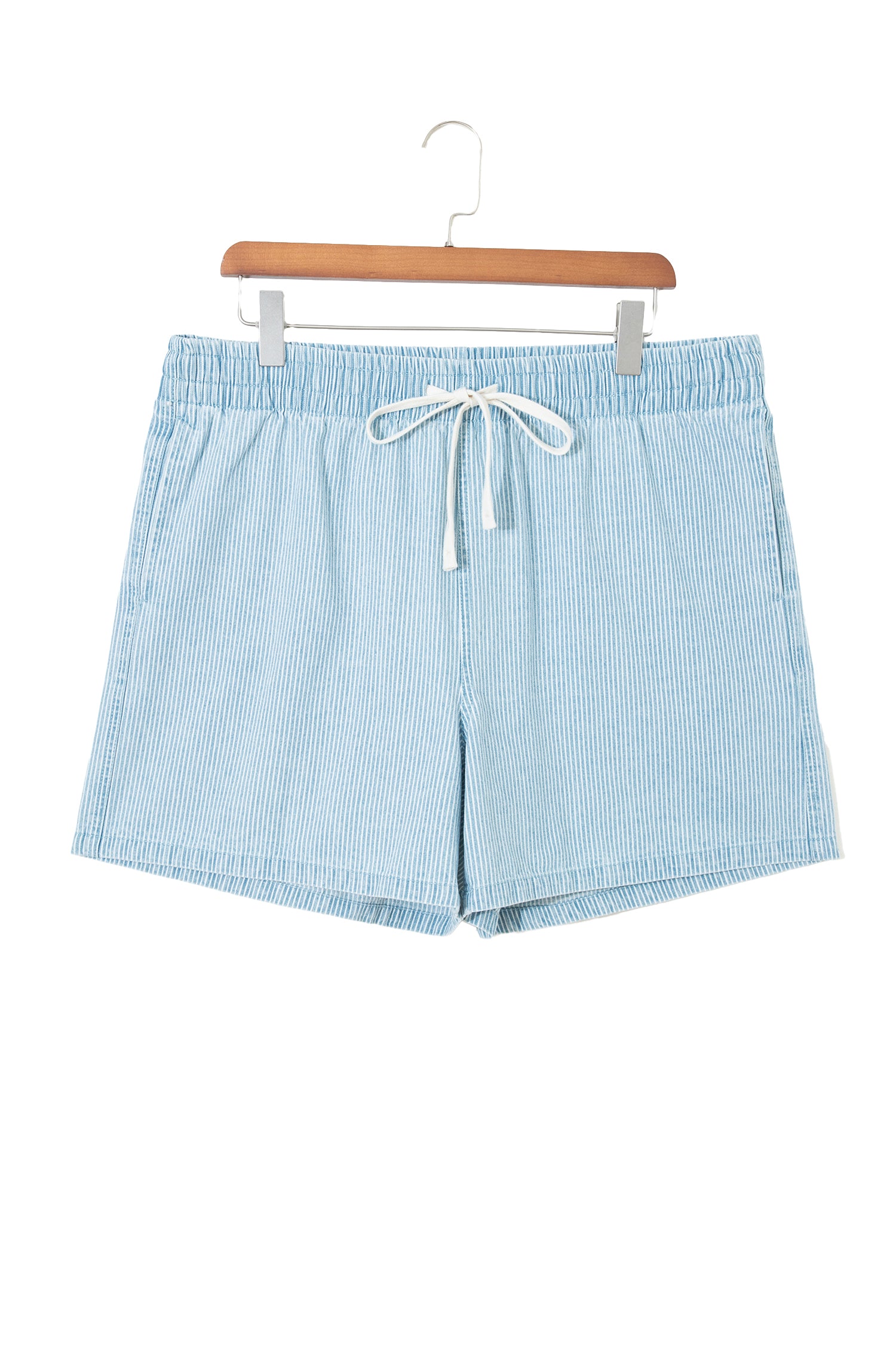 Blue Stripe Plus Size Contrast Drawstring Elastic Waist Denim Shorts