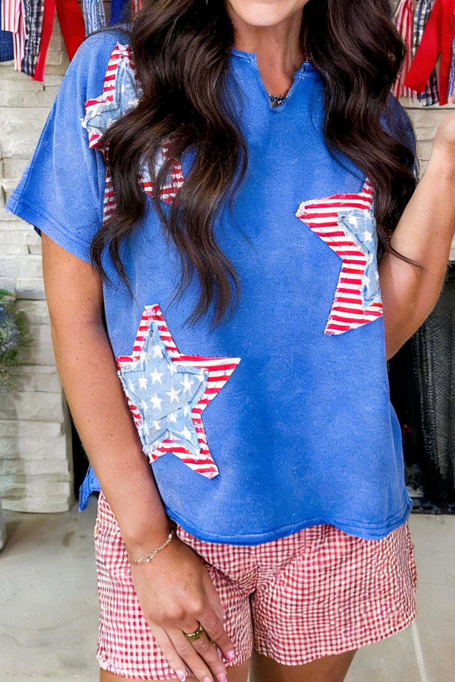 Sky Blue Patriot Star Patched Notched Neck Mineral Washed Tee