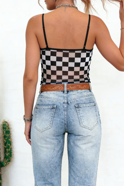 Black Sheer Checkered Print Spaghetti Straps Slim Tank Top