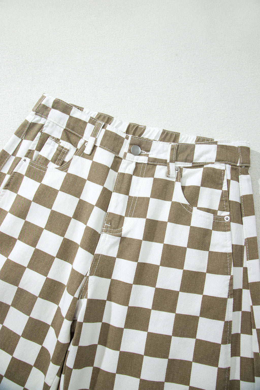 White Checkered Print Denim Barrel Pants