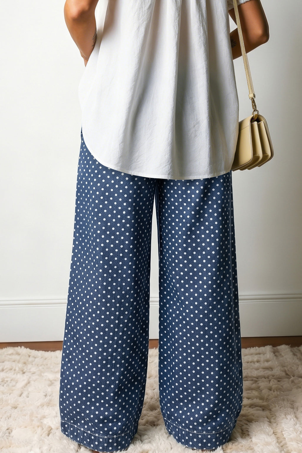 Sky Blue Polka Dot Print Button Pleated Detail Wide Leg Jeans