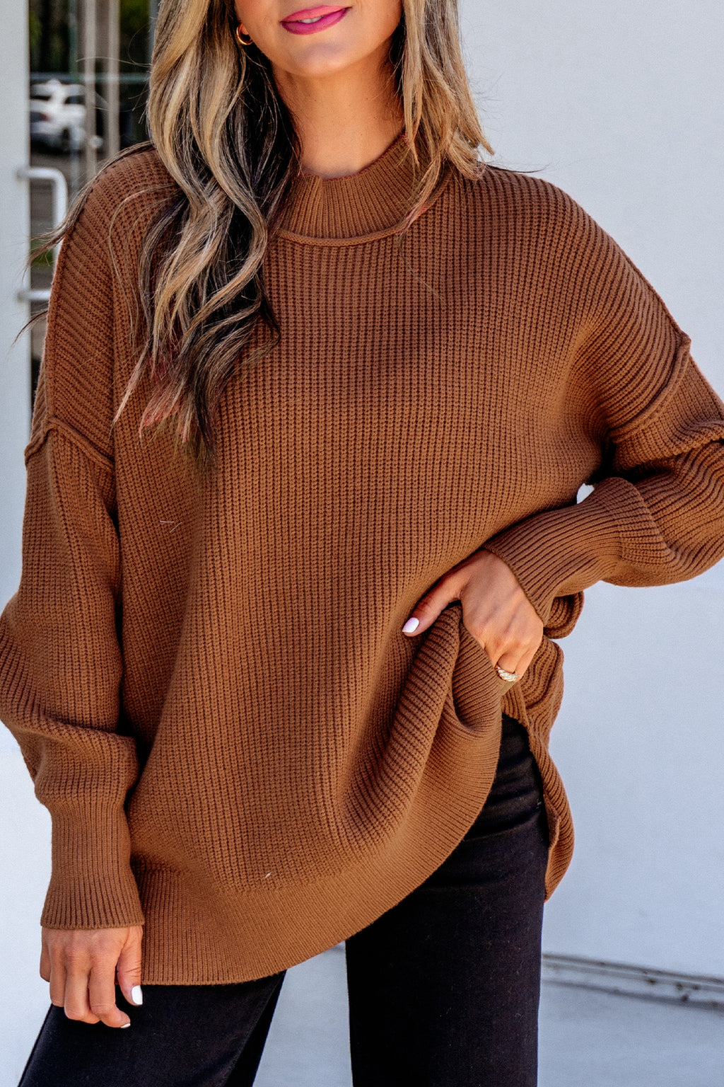 Orchid Bouquet Long Sleeve Ribbed Knit Stand Neck Regular Fit Sweater