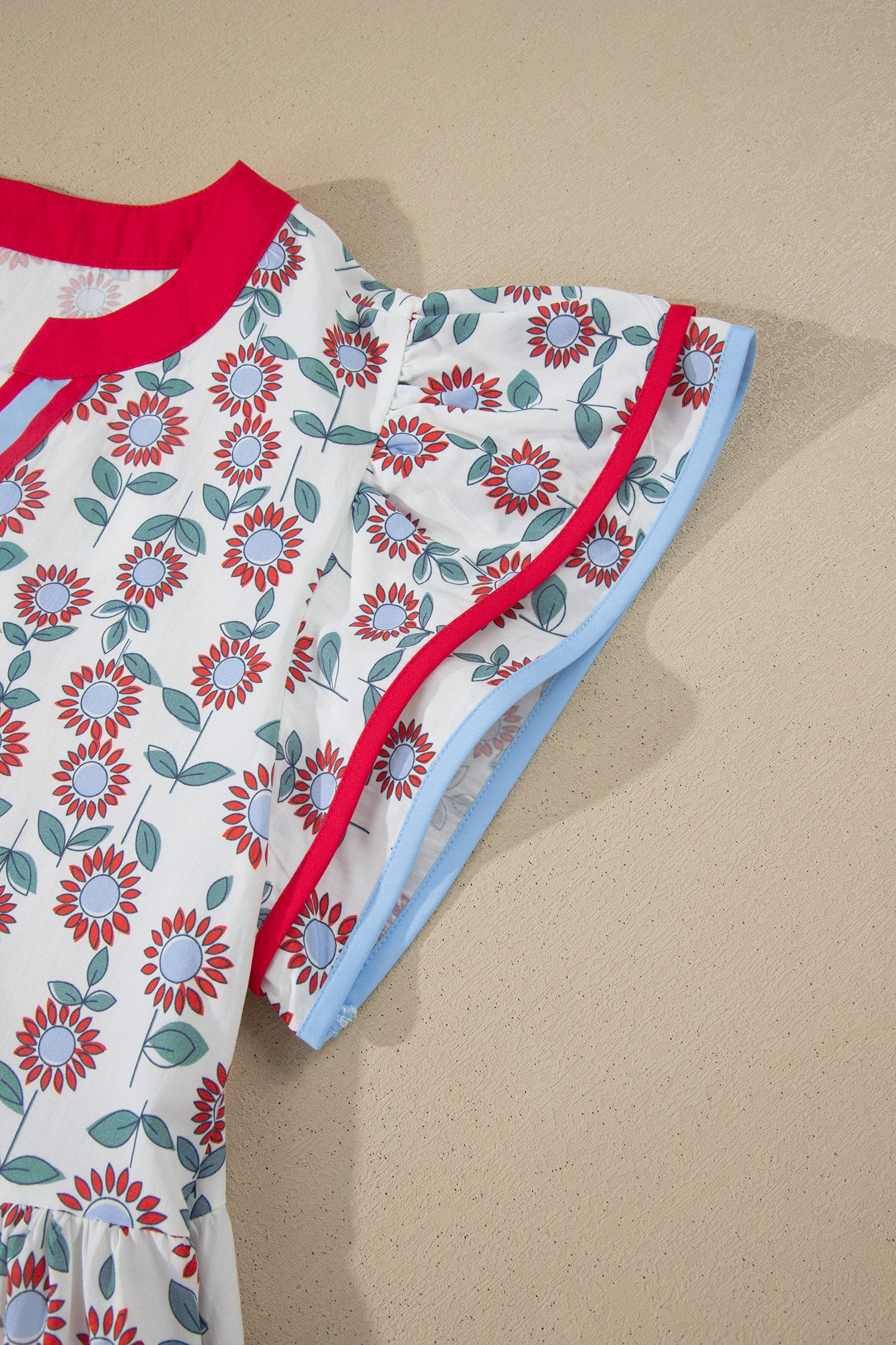 Red Floral Print Contrast Trim Flutter Sleeve Mini Dress