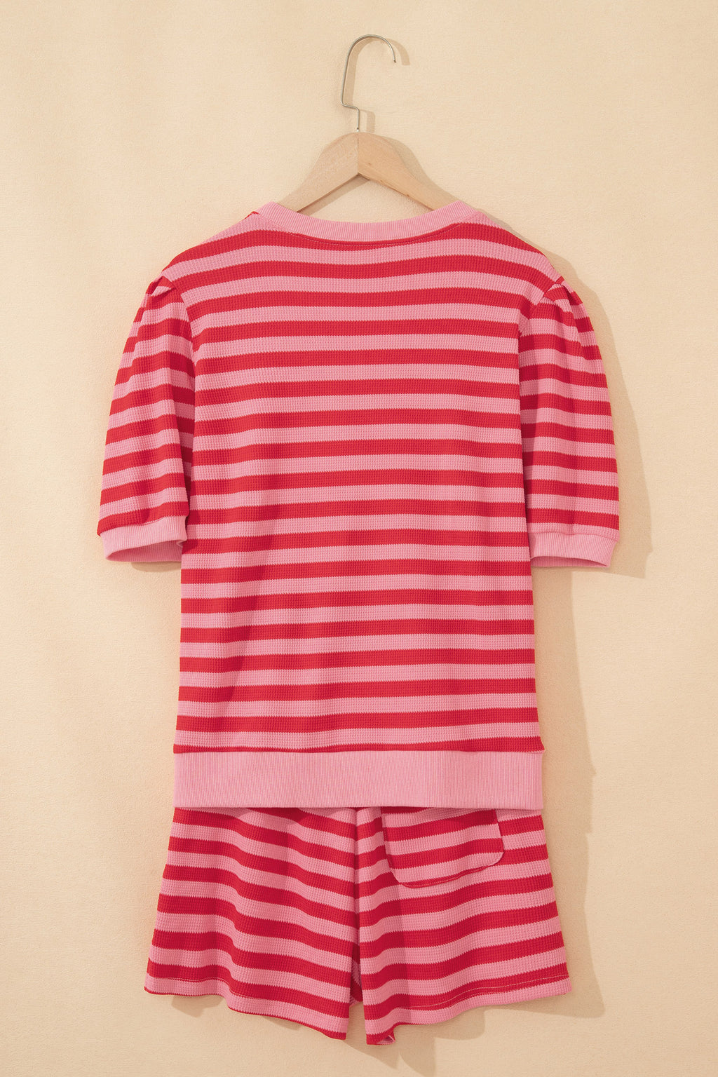 Red Stripe Puff Short Sleeve T Shirt Matching Shorts Set