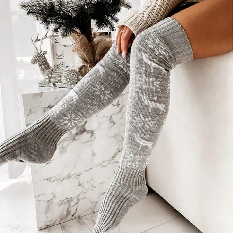 Winter Christmas Warm Knitted Beautiful Elk Snowflake Jacquard Over-the-Knee Casual Long Socks