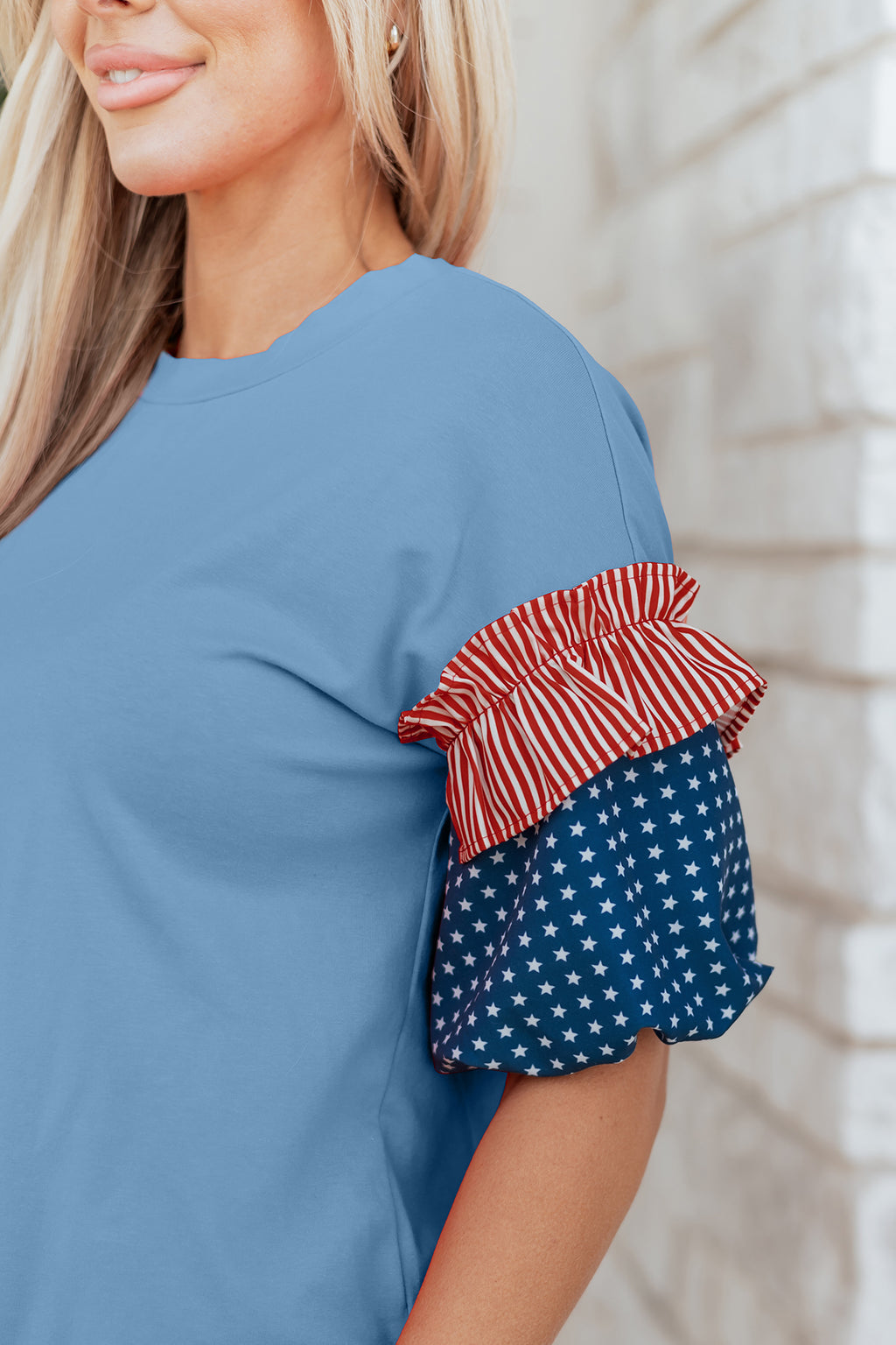 Beau Blue Stars Stripes Short Puff Sleeve Top