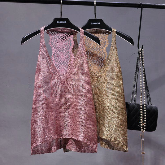 Sexy Off-shoulder Vest Halter Sequined Lace Top