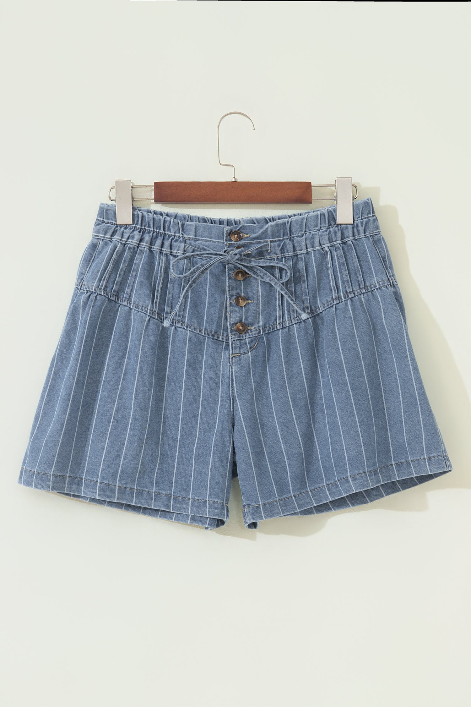 Sky Blue Stripe Drawstring Button Pleated High Waist Denim Shorts