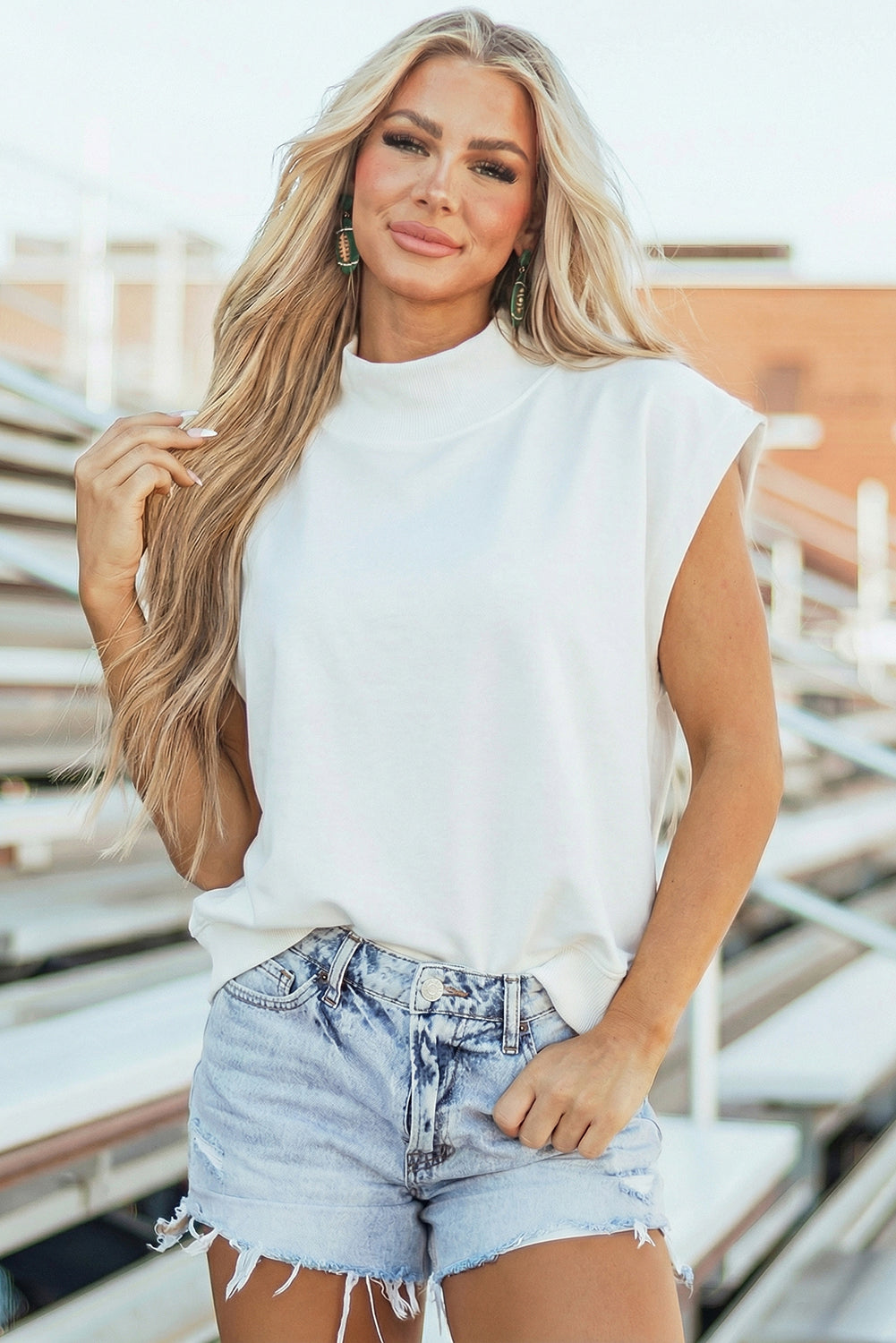 White Solid Color High Neck Cap Sleeve Loose Top