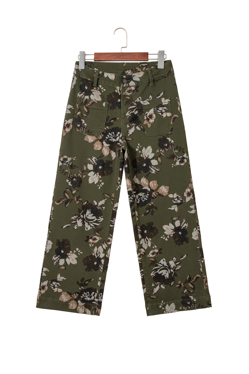 Green Vintage Floral Print Square Patch Pocket Raw Hem Shift Jeans