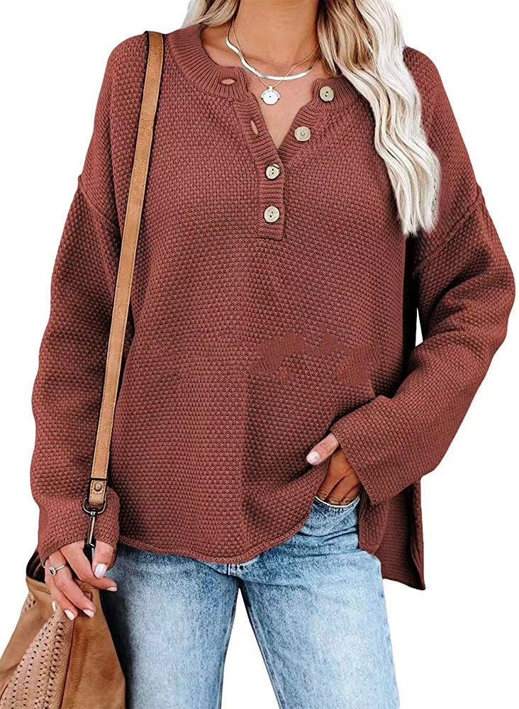 Pure Color Pullover Ladies Plus Size V-Neck Street Fashion Sweater