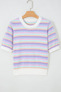 Purple Abstract Striped Knit Short Sleeve Sweater