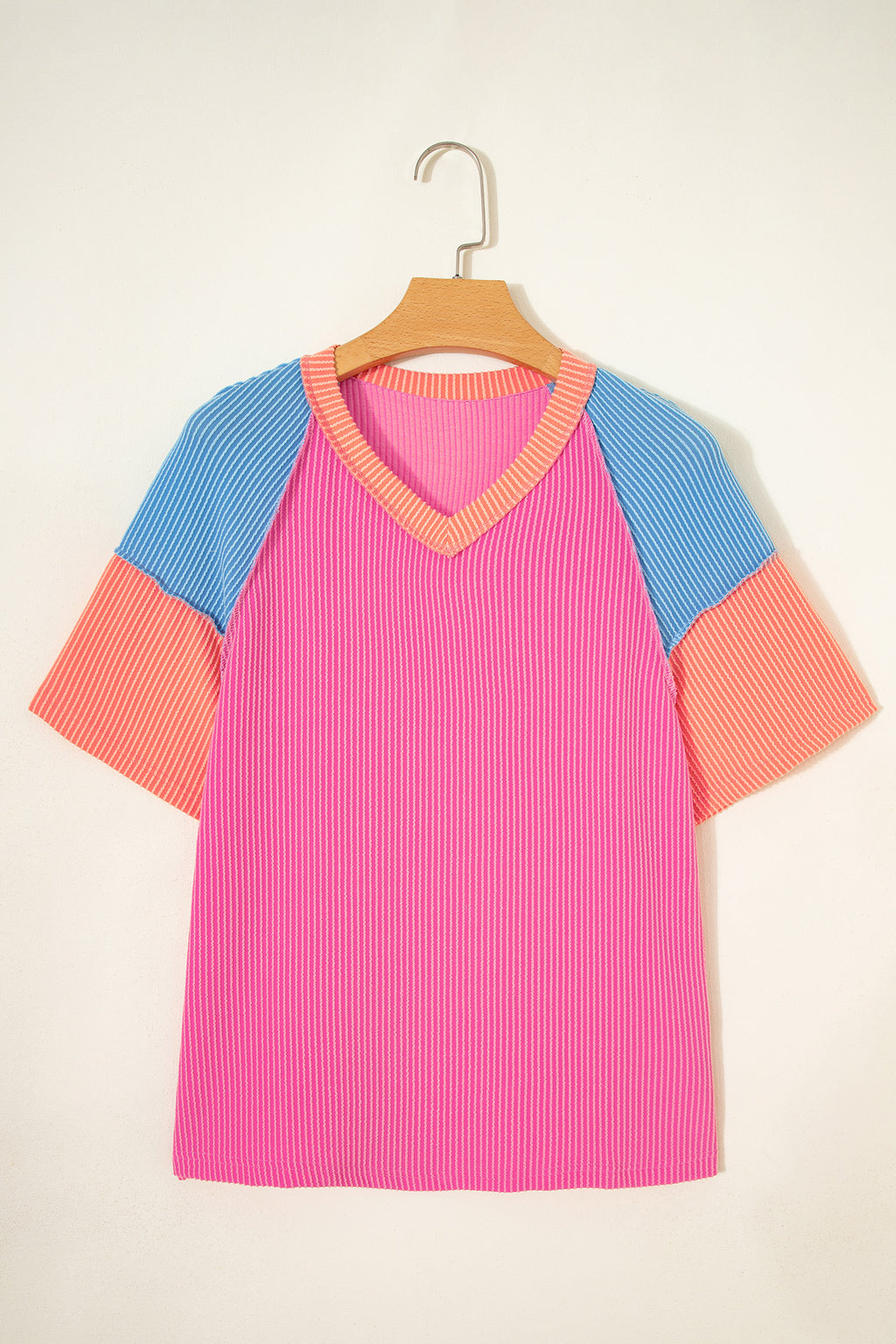 Rose Red Color Block Twisted Ribbed Tee
