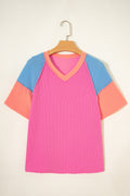 Rose Red Color Block Twisted Ribbed Tee
