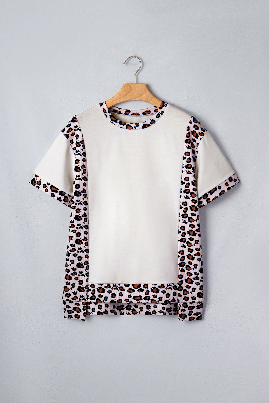 White Ribbed Leopard Patchwork Uneven Hem T Shirt