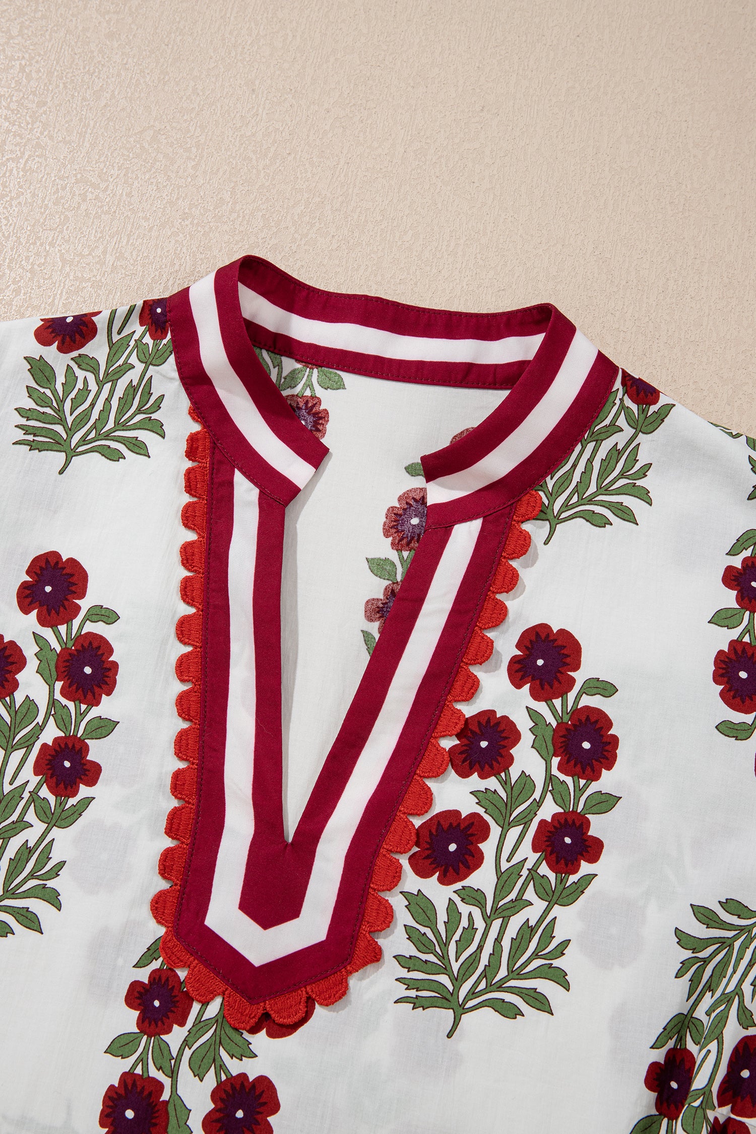 White Plus Size Floral Print Ricrac Striped Trim Short Sleeve Cotton Blouse