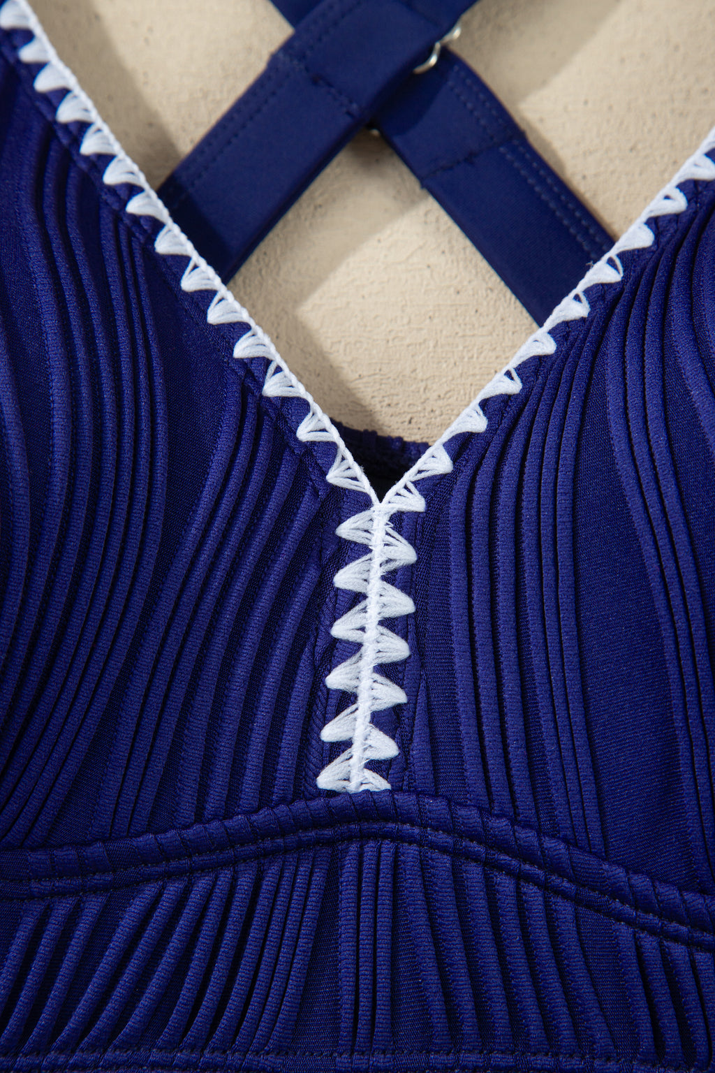 Navy Blue Shell Stitched Trim V Neck Textured Mix and Match High Waist Bikinis