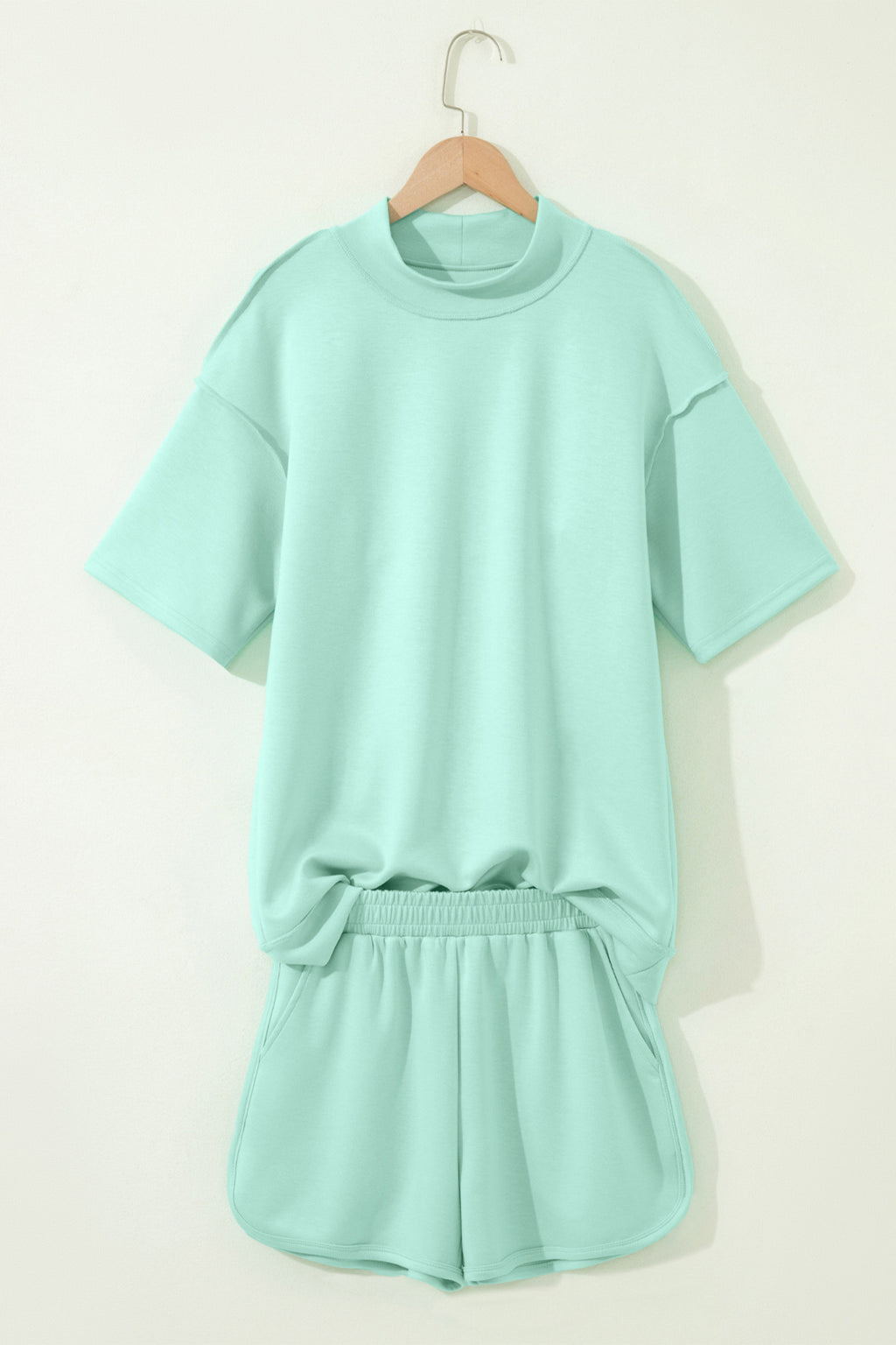 Moonlight Jade Solid Color Exposed Seam Mock Neck Oversize Tee Casual Shorts 2pcs Outfit