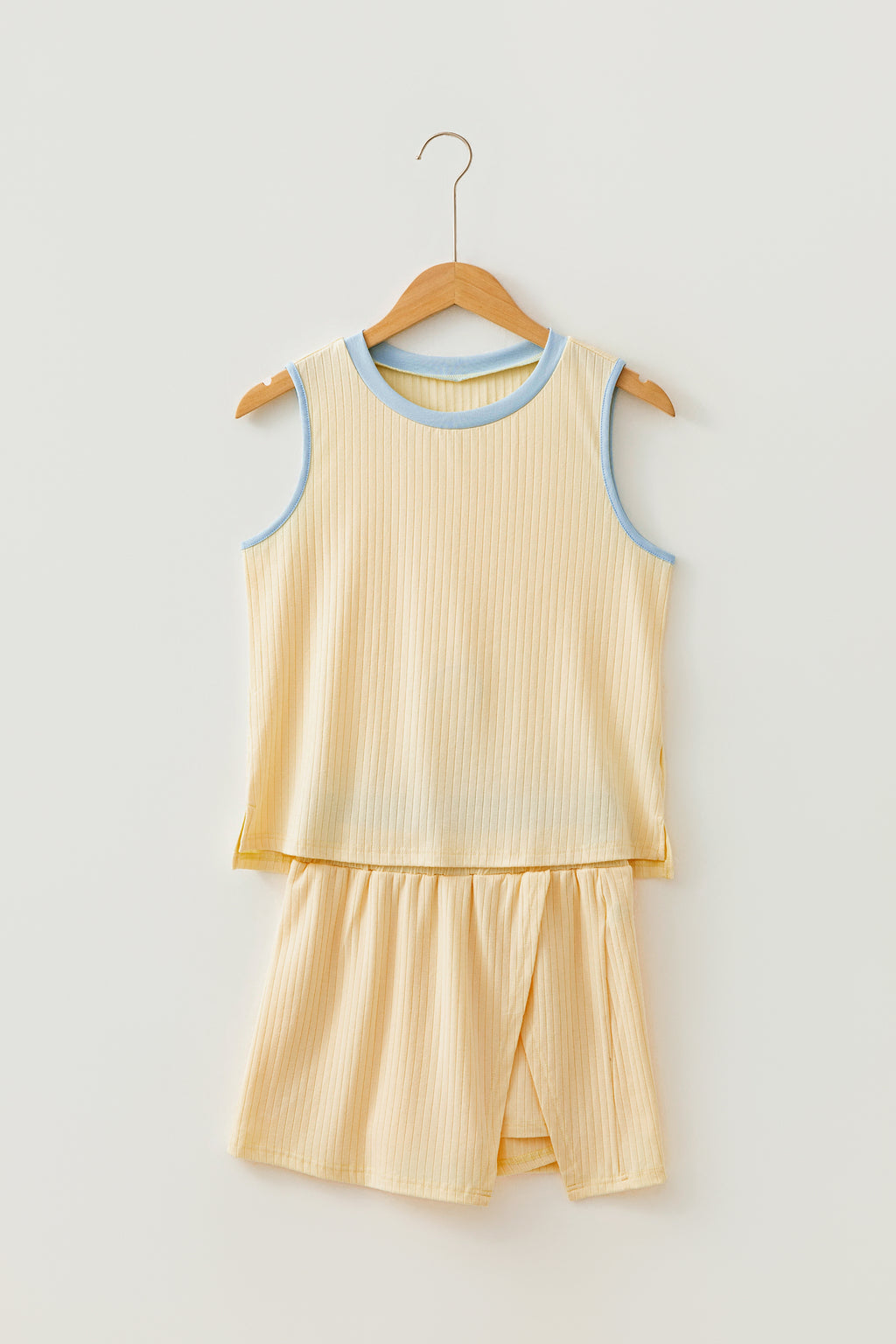 Yellow Contrast Trim Ribbed Tank Split Skort 2pcs Set