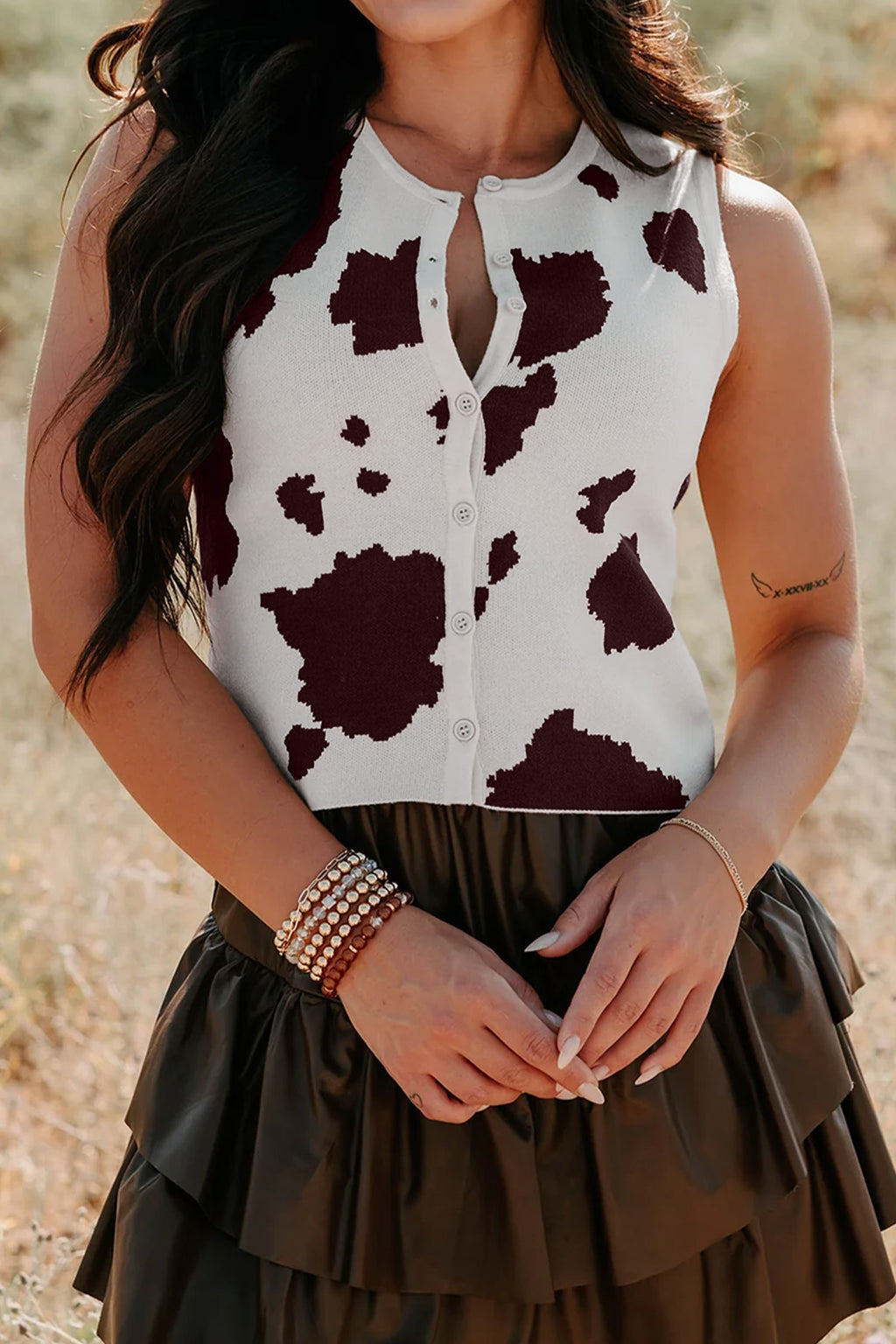 White Western Cow Spots Button Down Sweater Vest