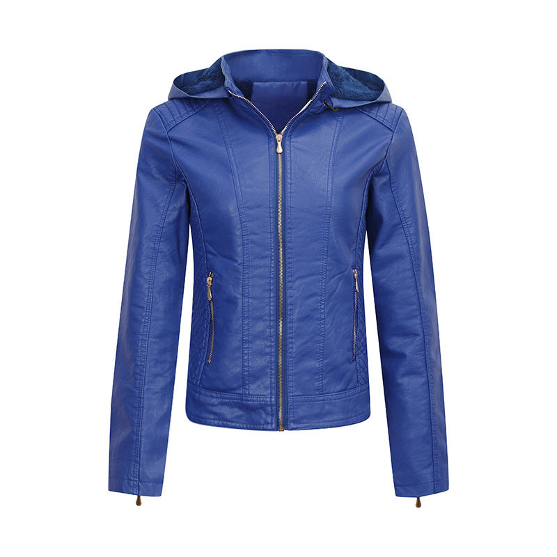 Women's Fleece-Lined Thickened Leather Coat Hooded