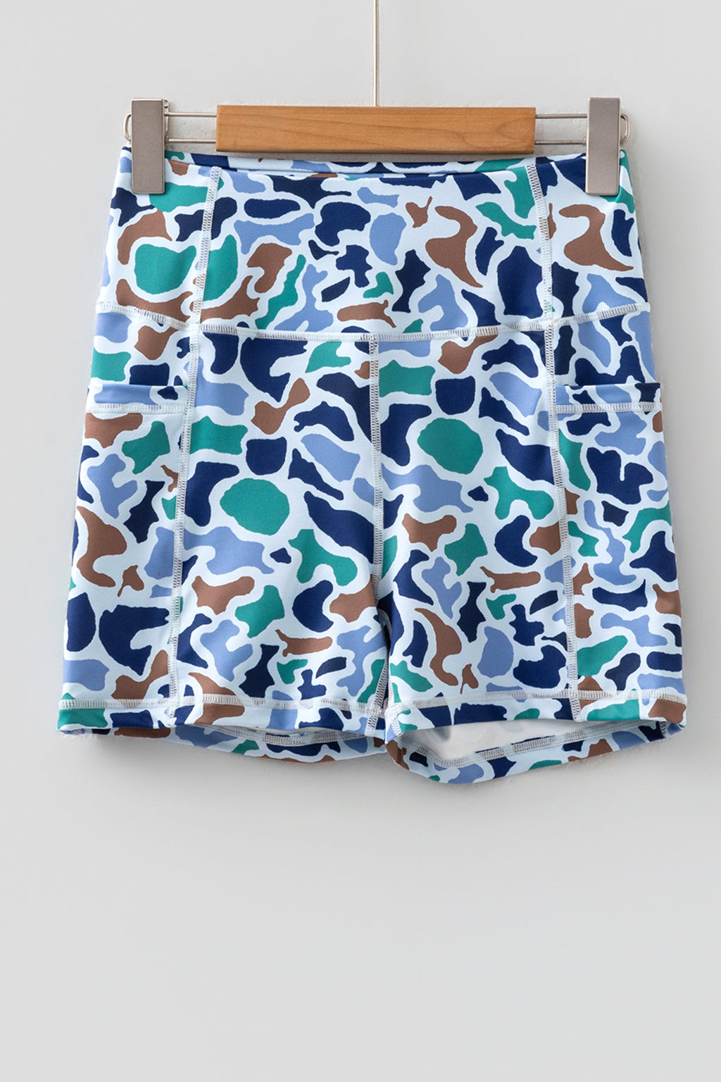 Sky Blue Abstract Camo Printed Seam Detail Biker Shorts
