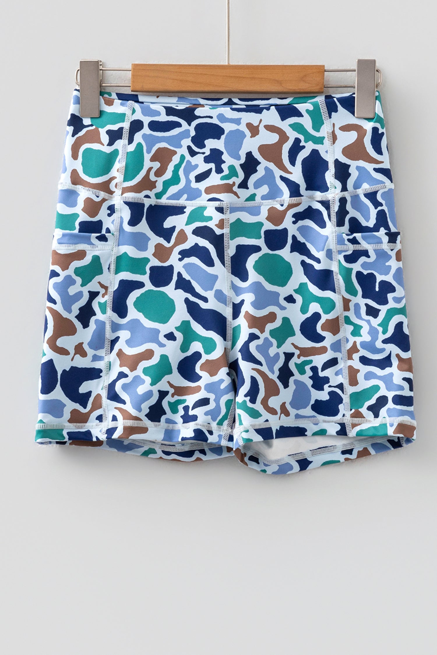 Sky Blue Abstract Camo Printed Seam Detail Biker Shorts