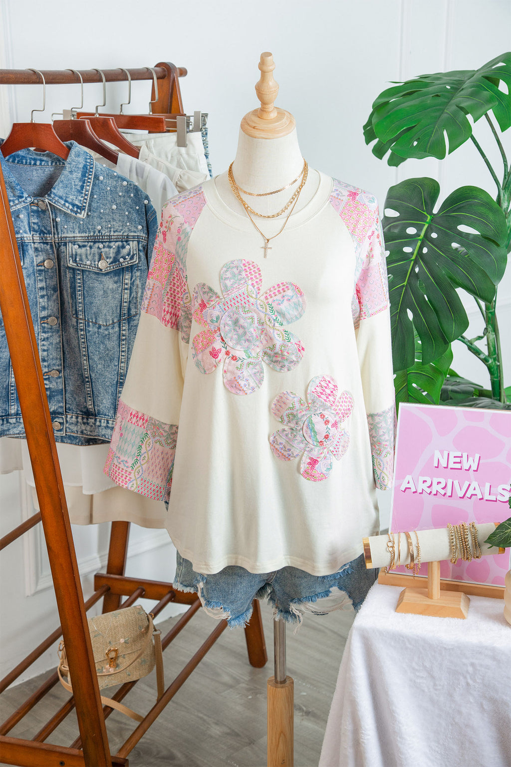 Beige Color Block Retro Floral Patchwork Long Sleeve Top