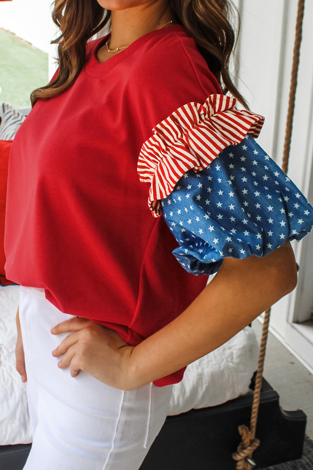 Fiery Red Plus Size Striped Ruffles Star Short Bubble Sleeve Patchwork Top