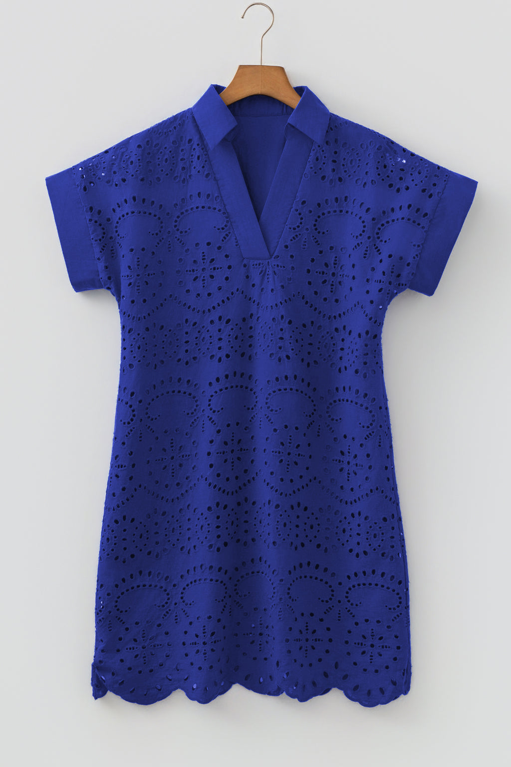 Rose Red Solid Color Eyelet Embroidered T Shirt Mini Dress