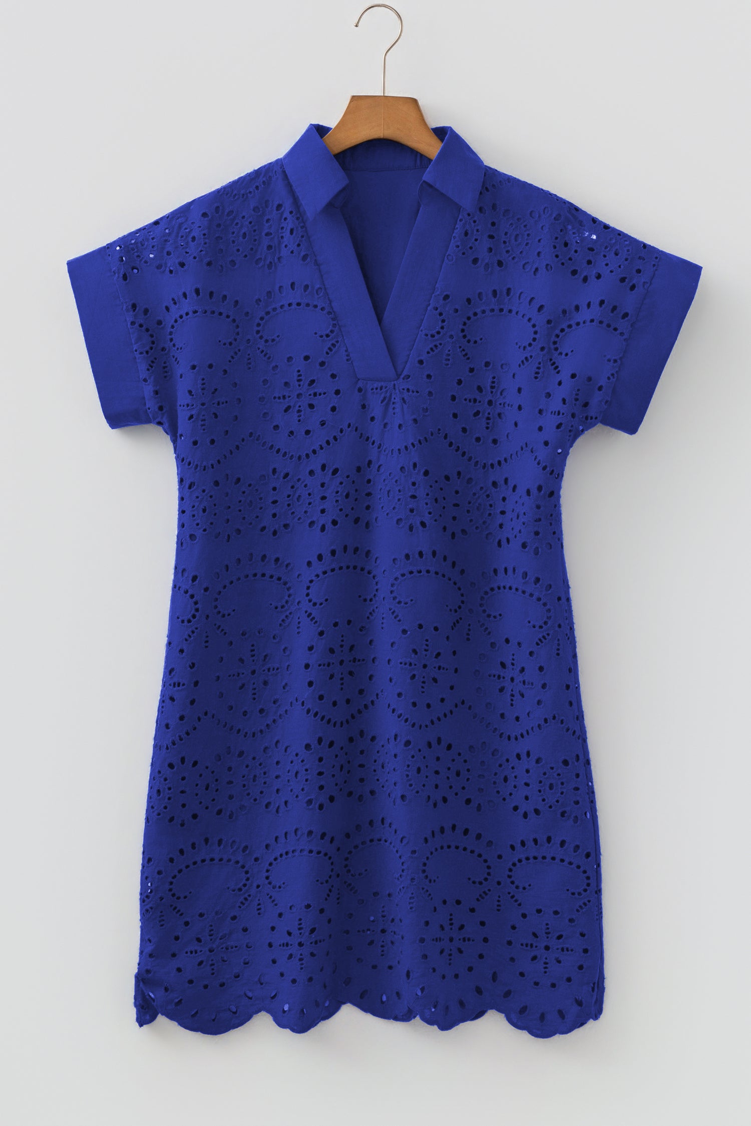 Rose Red Solid Color Eyelet Embroidered T Shirt Mini Dress