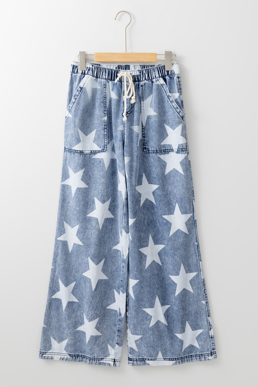 Light Blue Star Print Light Wash Drawstring Elastic Waistband Wide Leg Jeans