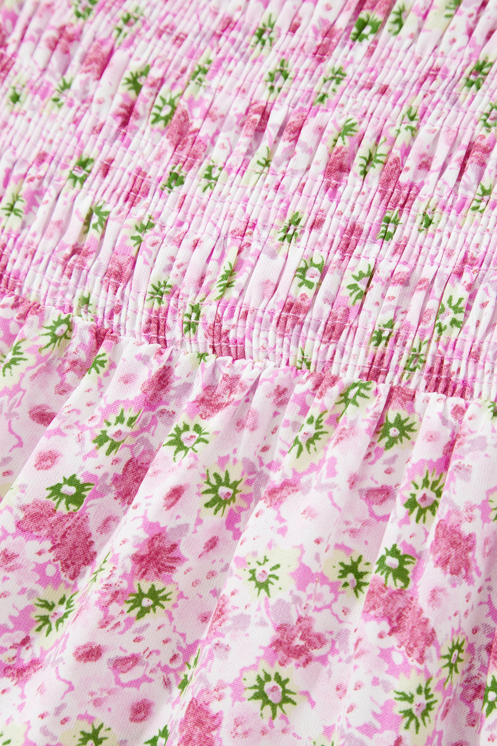 Pink Floral Short Bubble Sleeve Shirred High Waist Maxi Dress