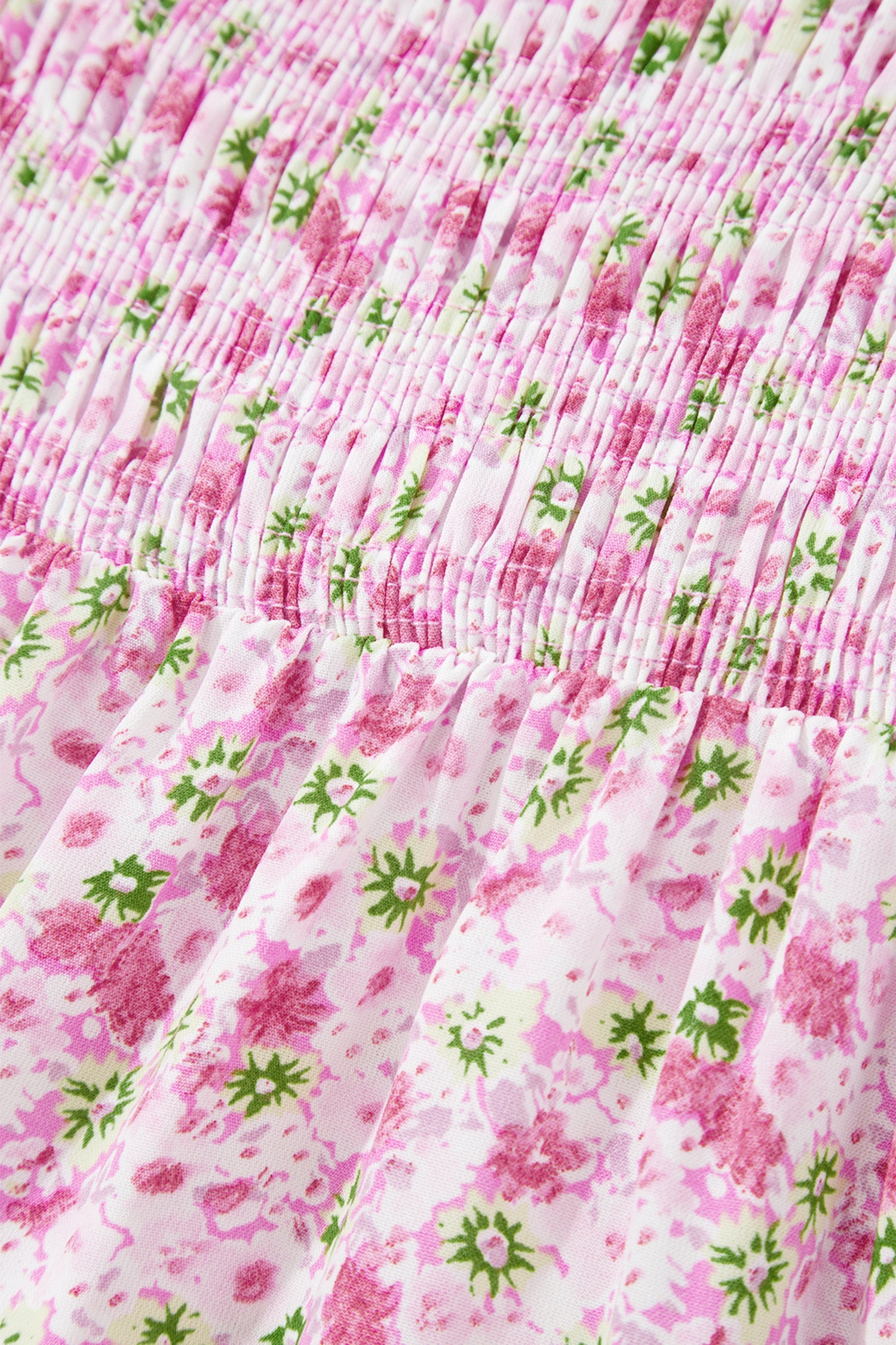 Pink Floral Short Bubble Sleeve Shirred High Waist Maxi Dress