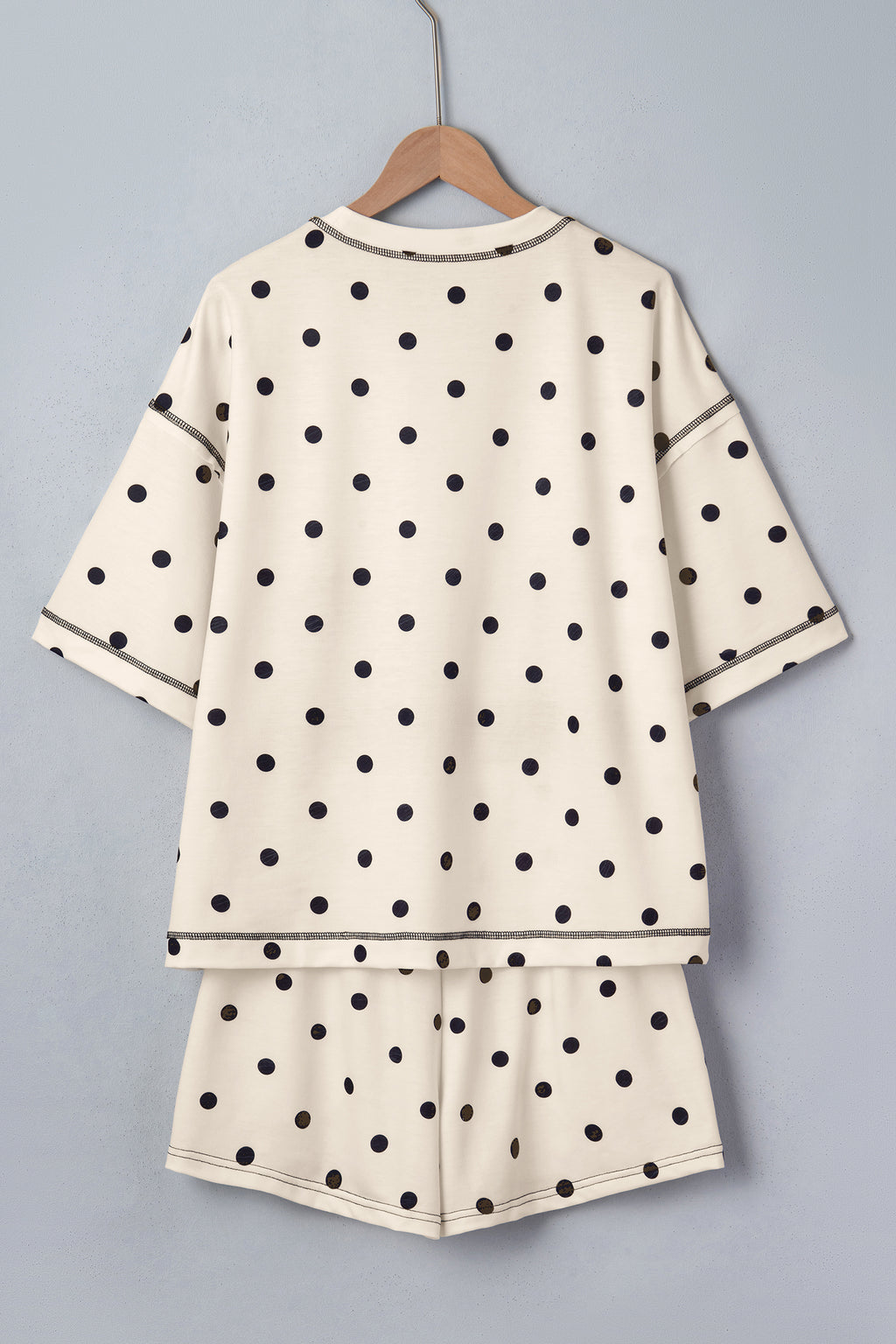 White Exposed Seam Detail Polka Dot Loose Tee Drawstring Shorts Set