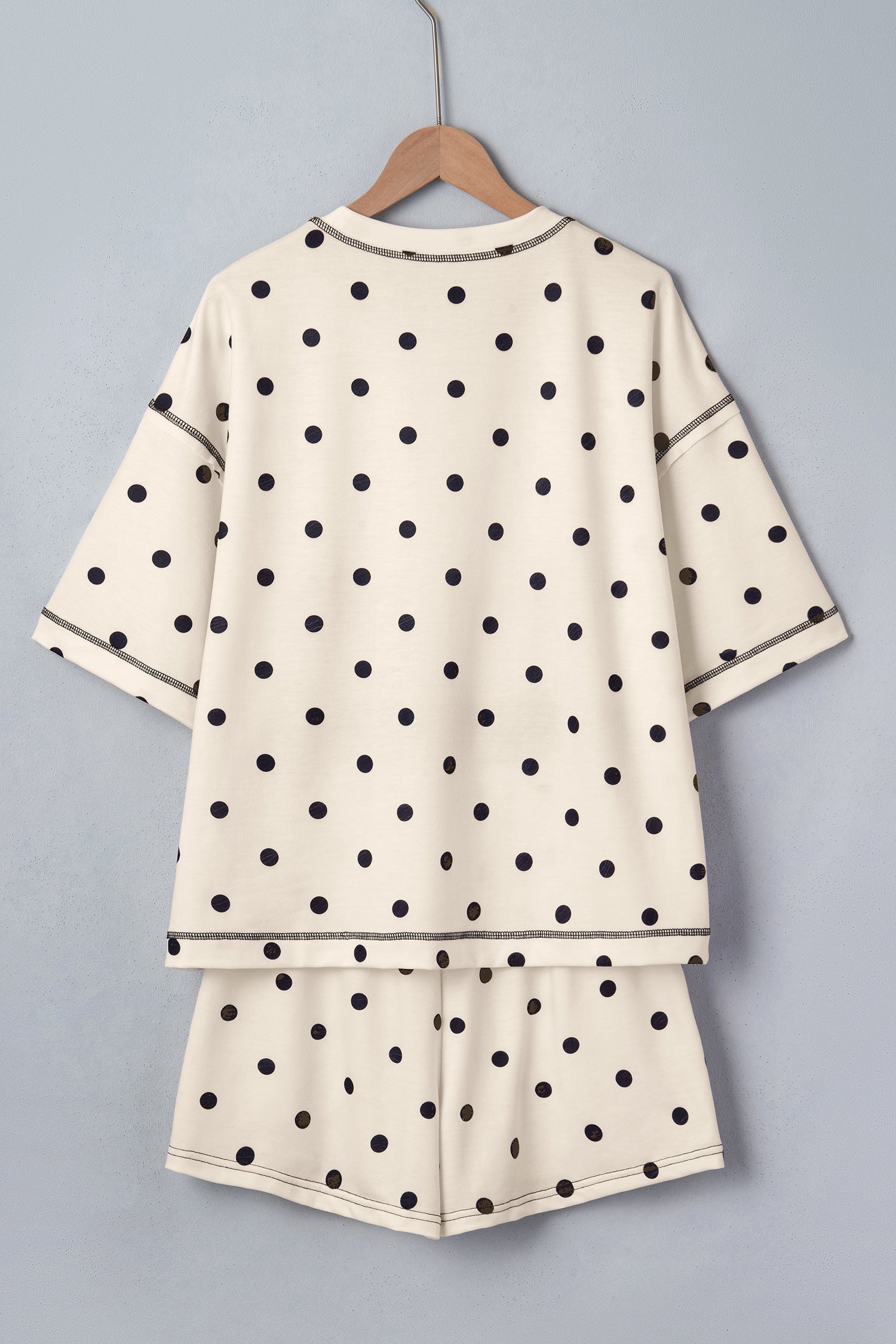 White Exposed Seam Detail Polka Dot Loose Tee Drawstring Shorts Set