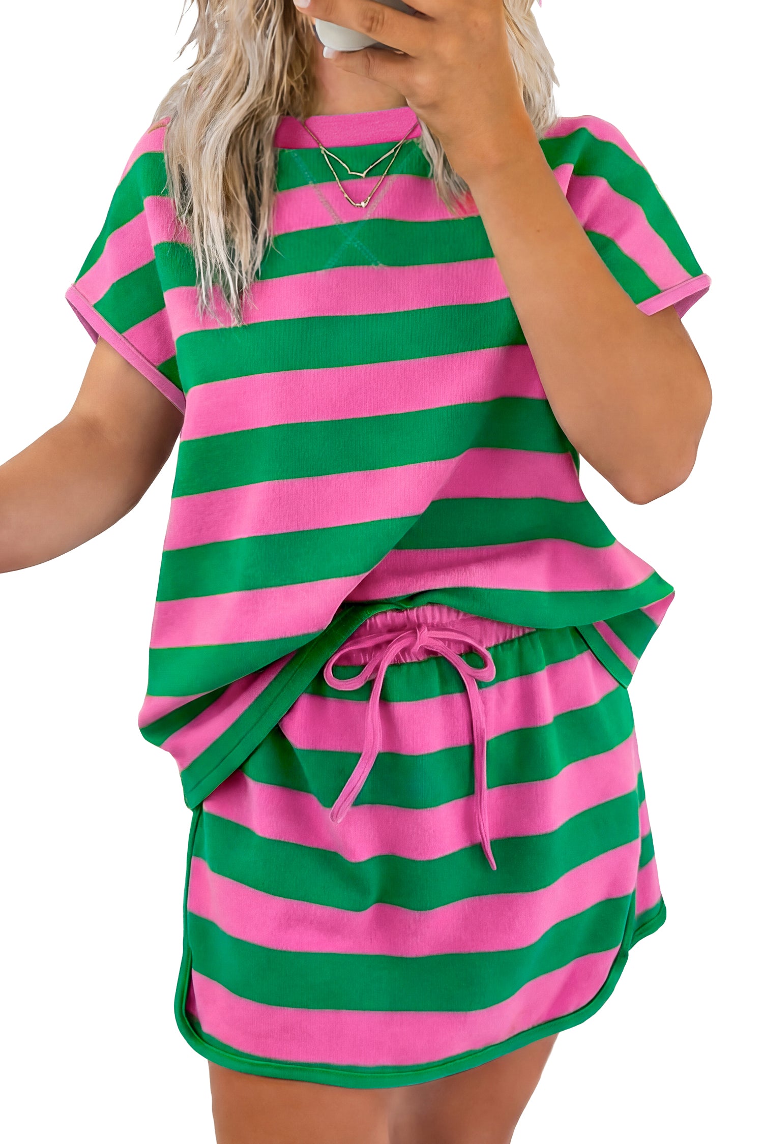 Rose Stripe Dolman Tee Drawstring Skort Athletic 2pcs Set