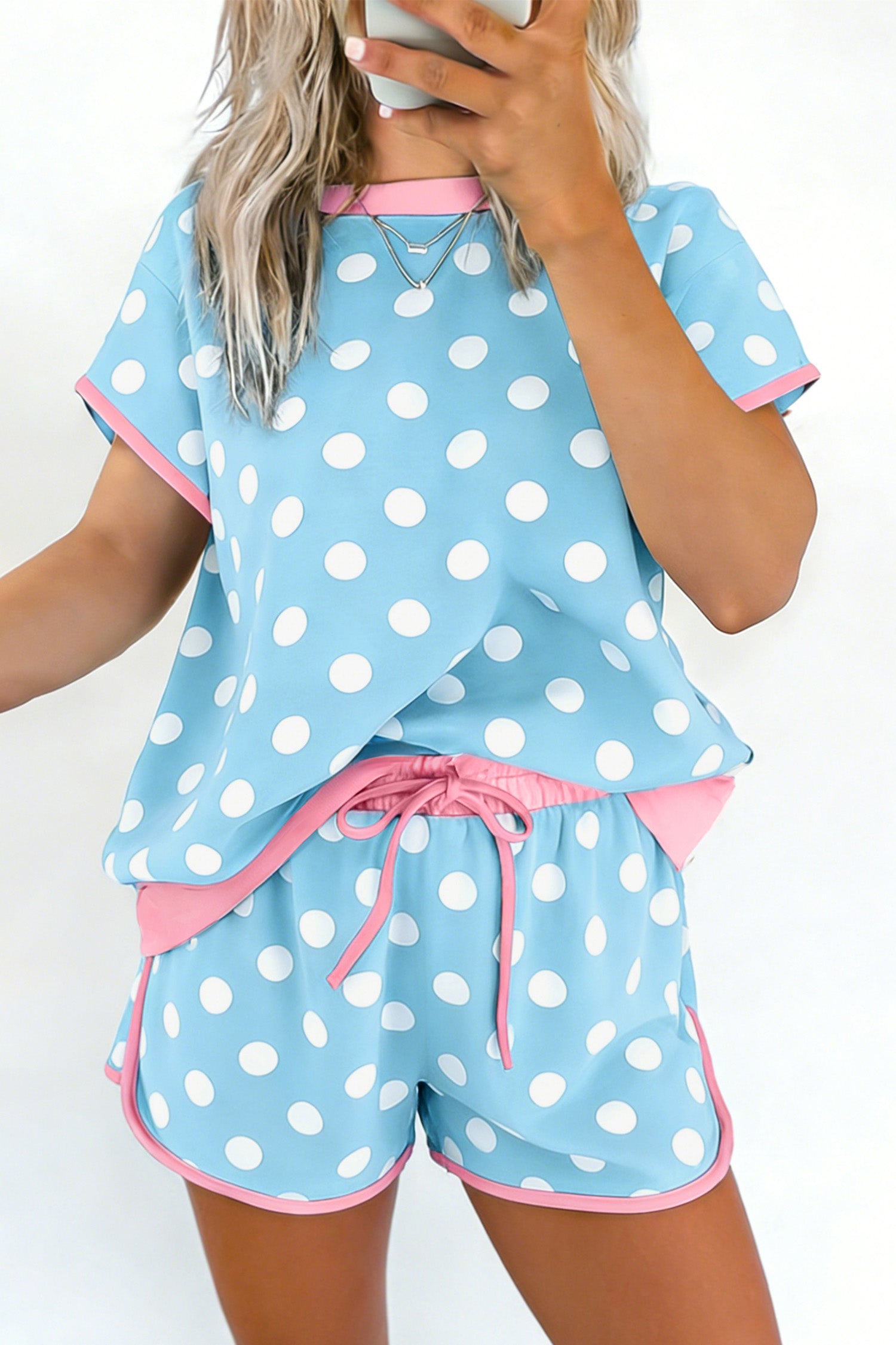 Sky Blue Polka Dot Contrast Edge Casual Short Set