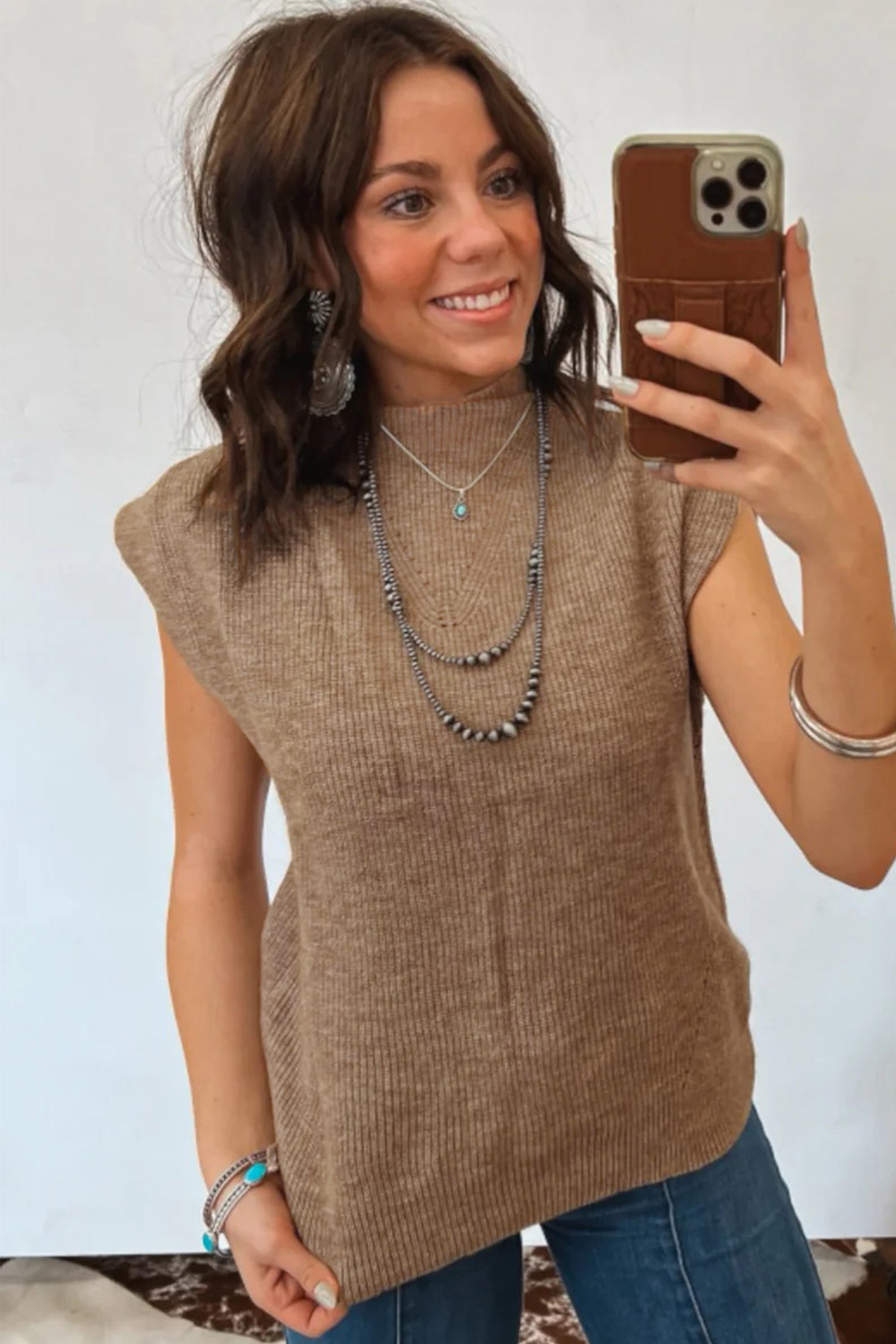 Light French Beige Solid Color Ribbed Knit Mock Neck Loose Sleeveless Sweater